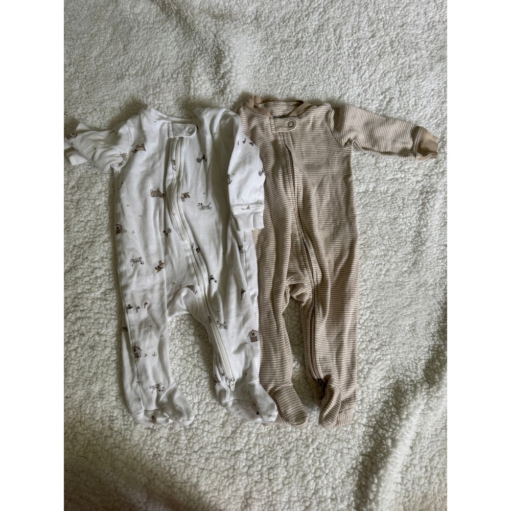 Carter's Sleep and Play Kids 6M White Tan Excellent Farm Animal Striped 2-Pack